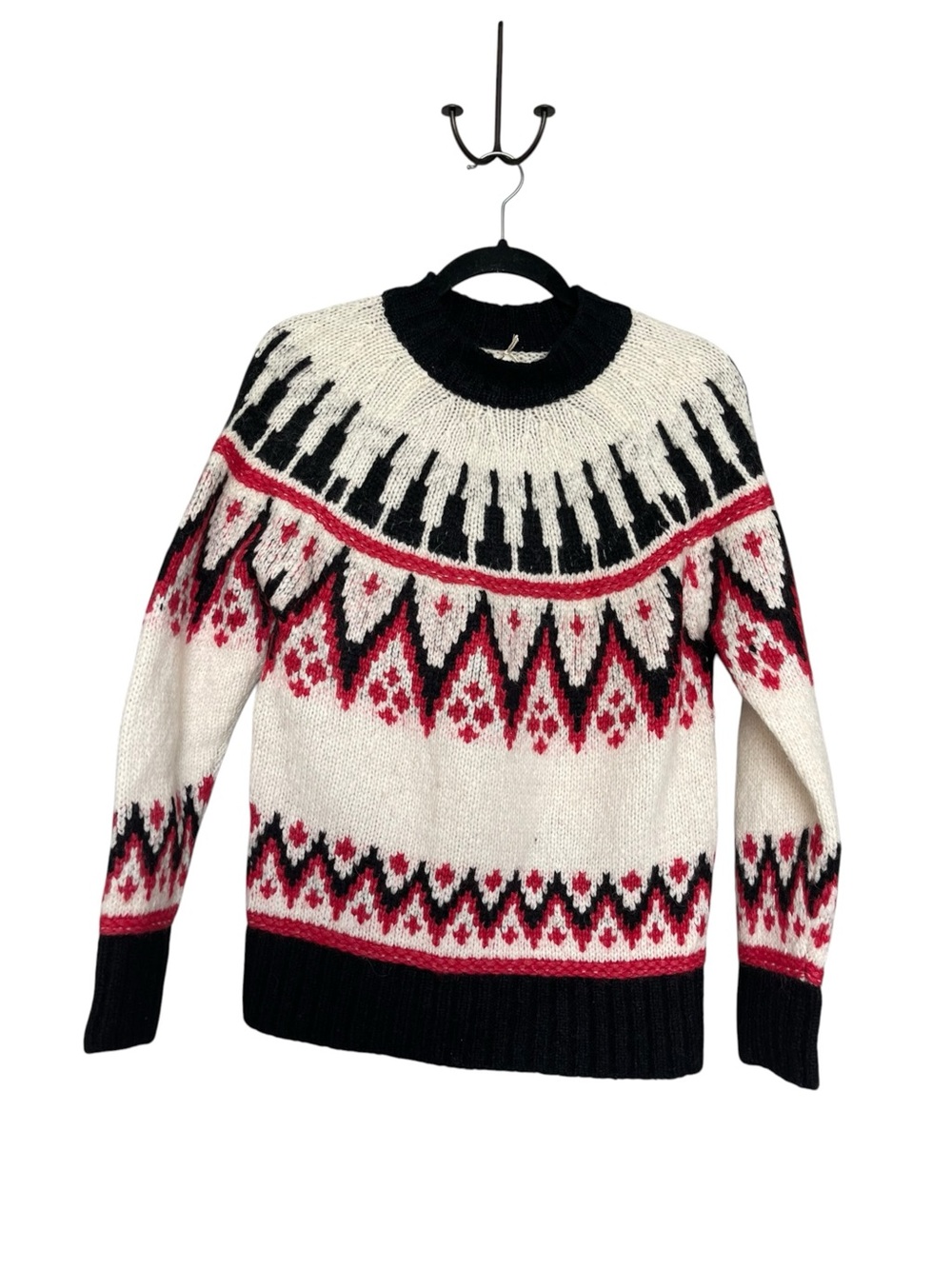 Faherty Cream Fair Isle Crewneck Sweater with Black & Red Accents